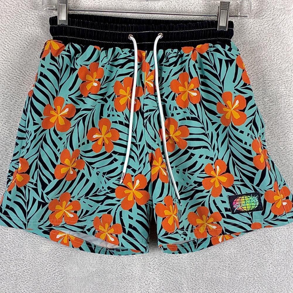 Slunks Shorts Men XS Green Orange Hibiscus Palms Beach Volleyball High Biscuits